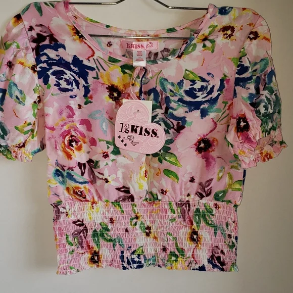 NEW Floral girls top cinched waist(elasticized), puffy short sleeve sz 14 - Picture 5 of 5